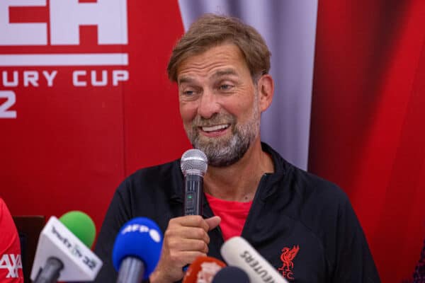 BANGKOK, THAILAND - Sunday, July 10, 2022: Liverpool's manager Jürgen Klopp at press conference as the team arrive at Suvarnabhumi Airport in Bangkok, Thailand ahead of their pre-season friendly match against Manchester United FC. (Pic by David Rawcliffe/Propaganda)