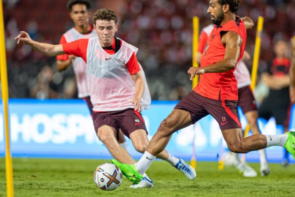 BANGKOK, THAILAND - Monday, July 11, 2022: Liverpool's Mohamed Salah (R) and Tom Hill (L) during a training session at the Rajamangala National Stadium on day two of the club's Asia Tour ahead of a friendly match against Manchester United FC. (Pic by David Rawcliffe/Propaganda)