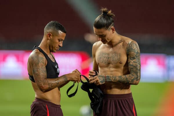 BANGKOK, THAILAND - Monday, July 11, 2022: Liverpool's new singing Darwin Núñez (R) and Thiago Alcântara during a training session at the Rajamangala National Stadium on day two of the club's Asia Tour ahead of a friendly match against Manchester United FC. (Pic by David Rawcliffe/Propaganda)