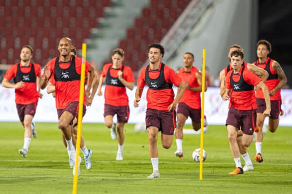 BANGKOK, THAILAND - Monday, July 11, 2022: Liverpool's Fabio Henrique Tavares 'Fabinho' and Curtis Jones during a training session at the Rajamangala National Stadium on day two of the club's Asia Tour ahead of a friendly match against Manchester United FC. (Pic by David Rawcliffe/Propaganda)