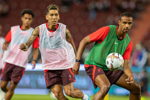 BANGKOK, THAILAND - Monday, July 11, 2022: Liverpool's Roberto Firmino (L) and Joel Matip during a training session at the Rajamangala National Stadium on day two of the club's Asia Tour ahead of a friendly match against Manchester United FC. (Pic by David Rawcliffe/Propaganda)