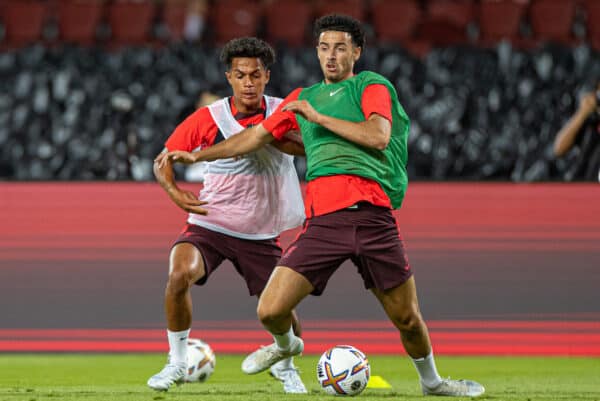 BANGKOK, THAILAND - Monday, July 11, 2022: Liverpool's new signing Fábio Carvalho (L) and Curtis Jones during a training session at the Rajamangala National Stadium on day two of the club's Asia Tour ahead of a friendly match against Manchester United FC. (Pic by David Rawcliffe/Propaganda)