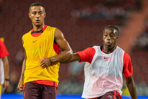 BANGKOK, THAILAND - Monday, July 11, 2022: Liverpool's Thiago Alcântara (L) and Isaac Mabaya during a training session at the Rajamangala National Stadium on day two of the club's Asia Tour ahead of a friendly match against Manchester United FC. (Pic by David Rawcliffe/Propaganda)