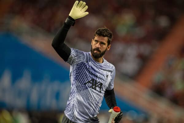 BANGKOK, THAILAND - Tuesday, July 12, 2022: Liverpool's goalkeeper Alisson Becker during the pre-match warm-up before the Bangkok Century Cup pre-season friendly match between Liverpool FC and Manchester United FC at the Rajamangala National Stadium. (Pic by David Rawcliffe/Propaganda)