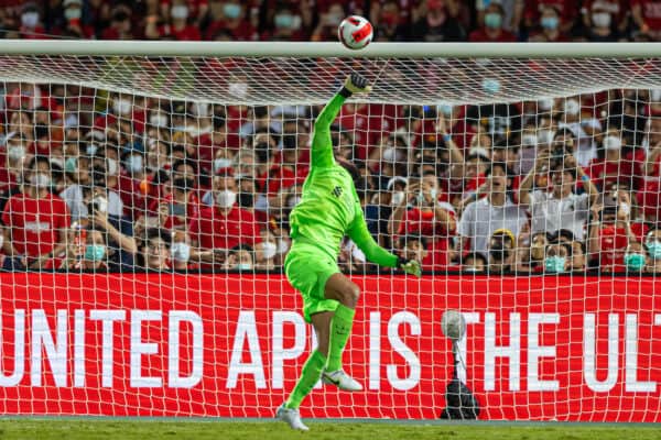 BANGKOK, THAILAND - Tuesday, July 12, 2022: Liverpool's goalkeeper Alisson Becker is beaten for the second Manchester United goal during the Bangkok Century Cup pre-season friendly match between Liverpool FC and Manchester United FC at the Rajamangala National Stadium. (Pic by David Rawcliffe/Propaganda)