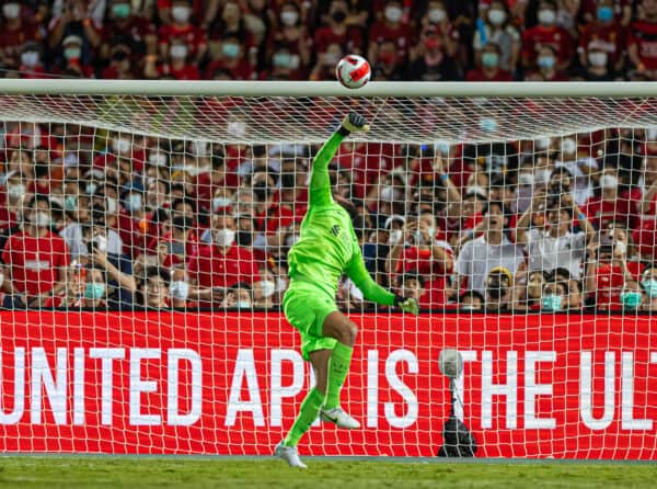 BANGKOK, THAILAND - Tuesday, July 12, 2022: Liverpool's goalkeeper Alisson Becker is beaten for the second Manchester United goal during the Bangkok Century Cup pre-season friendly match between Liverpool FC and Manchester United FC at the Rajamangala National Stadium. (Pic by David Rawcliffe/Propaganda)