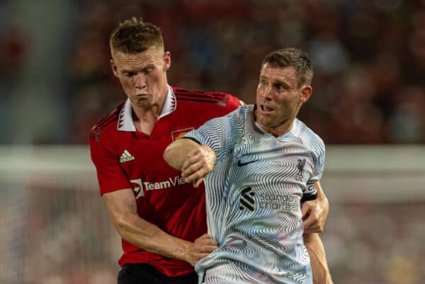 BANGKOK, THAILAND - Tuesday, July 12, 2022: Liverpool's James Milner (R) and Manchester United's Scott McTominay during the Bangkok Century Cup pre-season friendly match between Liverpool FC and Manchester United FC at the Rajamangala National Stadium. (Pic by David Rawcliffe/Propaganda)