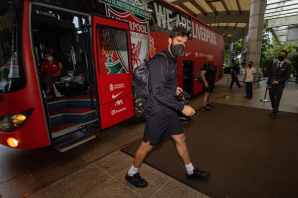 SINGAPORE - Wednesday, July 13, 2022: Liverpool's goalkeeper Alisson Becker arrives at the Ritz-Carlton Hotel in Singapore on Day Four of the club's pre-season Asia Tour. (Pic by David Rawcliffe/Propaganda)