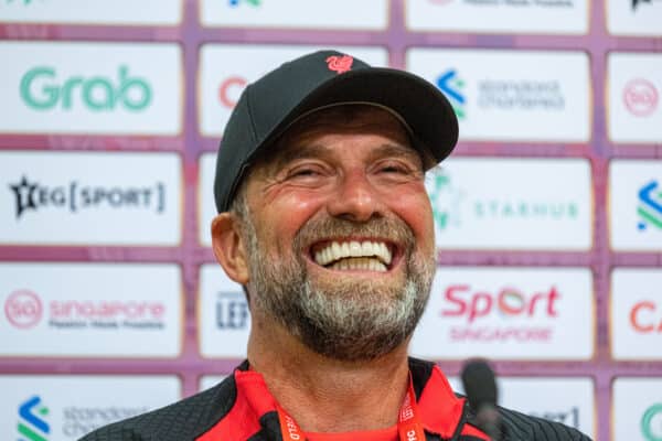 SINGAPORE - Thursday, July 14, 2022: Liverpool's manager Jürgen Klopp during a press conference at the National Stadium, Singapore ahead of the Standard Chartered Trophy pre-season friendly match against Crystal Palace. (Pic by David Rawcliffe/Propaganda)