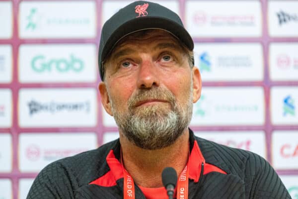 SINGAPORE - Thursday, July 14, 2022: Liverpool's manager Jürgen Klopp during a press conference at the National Stadium, Singapore ahead of the Standard Chartered Trophy pre-season friendly match against Crystal Palace. (Pic by David Rawcliffe/Propaganda)