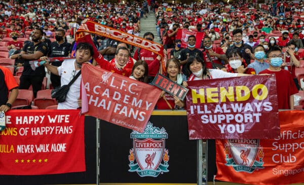 SINGAPORE - Thursday, July 14, 2022: Liverpool supporters during a training sessional at the National Stadium, Singapore ahead of the Standard Chartered Trophy pre-season friendly match against Crystal Palace. (Pic by David Rawcliffe/Propaganda)