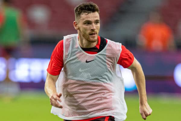 SINGAPORE - Thursday, July 14, 2022: Liverpool's Andy Robertson during a training sessional at the National Stadium, Singapore ahead of the Standard Chartered Trophy pre-season friendly match against Crystal Palace. (Pic by David Rawcliffe/Propaganda)