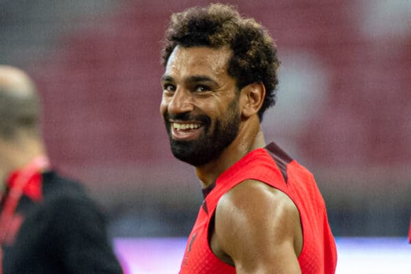 SINGAPORE - Thursday, July 14, 2022: Liverpool's Mohamed Salah during a training sessional at the National Stadium, Singapore ahead of the Standard Chartered Trophy pre-season friendly match against Crystal Palace. (Pic by David Rawcliffe/Propaganda)