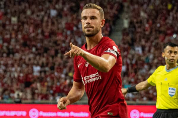 SINGAPORE - Friday, July 15, 2022: Liverpool's captain Jordan Henderson celebrates after scoring the first goal during the Standard Chartered Trophy pre-season friendly match between Liverpool FC and Crystal Palace FC at the Singapore National Stadium. (Pic by David Rawcliffe/Propaganda)