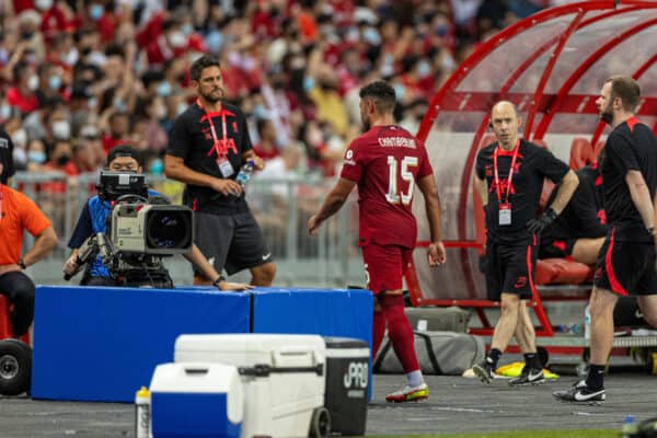 SINGAPORE - Friday, July 15, 2022: Liverpool's Alex Oxlade-Chamberlain goes off with an injury during the Standard Chartered Trophy pre-season friendly match between Liverpool FC and Crystal Palace FC at the Singapore National Stadium. (Pic by David Rawcliffe/Propaganda)