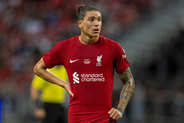 SINGAPORE - Friday, July 15, 2022: Liverpool's Darwin Núñez during the Standard Chartered Trophy pre-season friendly match between Liverpool FC and Crystal Palace FC at the Singapore National Stadium. (Pic by David Rawcliffe/Propaganda)