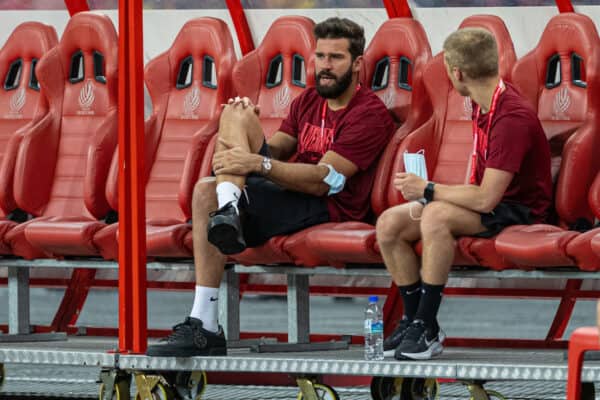 SINGAPORE - Friday, July 15, 2022: Liverpool's goalkeeper Alisson Becker on the bench before the Standard Chartered Trophy pre-season friendly match between Liverpool FC and Crystal Palace FC at the Singapore National Stadium. (Pic by David Rawcliffe/Propaganda)