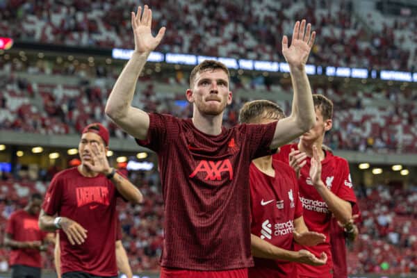 SINGAPORE - Friday, July 15, 2022: Liverpool's Andy Robertson waves to supporters after the Standard Chartered Trophy pre-season friendly match between Liverpool FC and Crystal Palace FC at the Singapore National Stadium. Liverpool won 2-0. (Pic by David Rawcliffe/Propaganda)