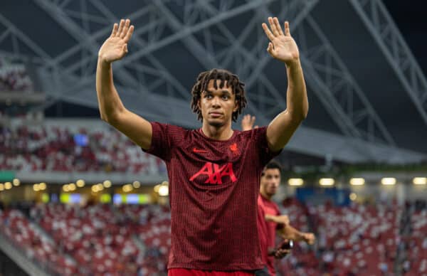 SINGAPORE - Friday, July 15, 2022: Liverpool Trent Alexander-Arnold waves to supporters after the Standard Chartered Trophy pre-season friendly match between Liverpool FC and Crystal Palace FC at the Singapore National Stadium. (Pic by David Rawcliffe/Propaganda)