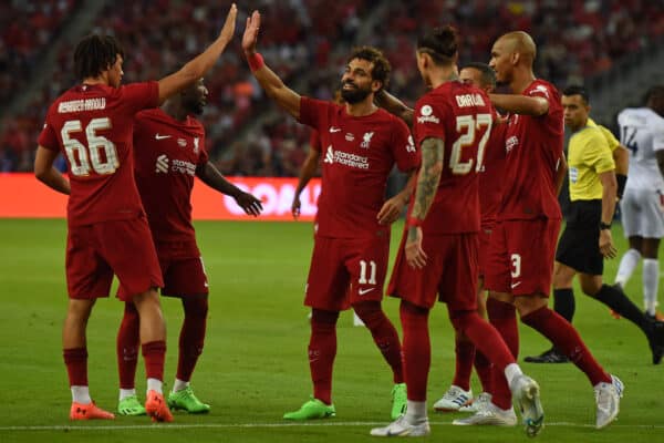 SINGAPORE - Friday, July 15, 2022: Liverpool's Mohamed Salah (C) celebrates with team-mates after scoring the second goal the Standard Chartered Trophy pre-season friendly match between Liverpool FC and Crystal Palace FC at the Singapore National Stadium. (Pic by David Rawcliffe/Propaganda)