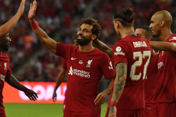 SINGAPORE - Friday, July 15, 2022: Liverpool's Mohamed Salah (C) celebrates with team-mates after scoring the second goal the Standard Chartered Trophy pre-season friendly match between Liverpool FC and Crystal Palace FC at the Singapore National Stadium. (Pic by David Rawcliffe/Propaganda)