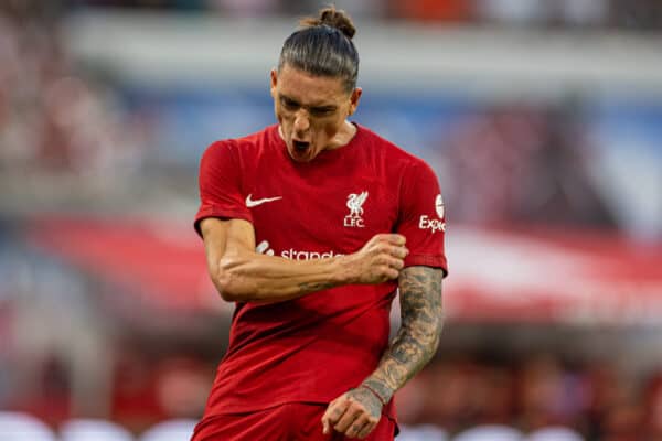 LEIPZIG, GERMANY - Thursday, July 21, 2022: Liverpool's Darwin Núñez celebrates after scoring the fifth goal, his fourth of the game, during a pre-season friendly match between RB Leipzig and Liverpool FC at the Red Bull Arena. Liverpool won 5-0. (Pic by David Rawcliffe/Propaganda)