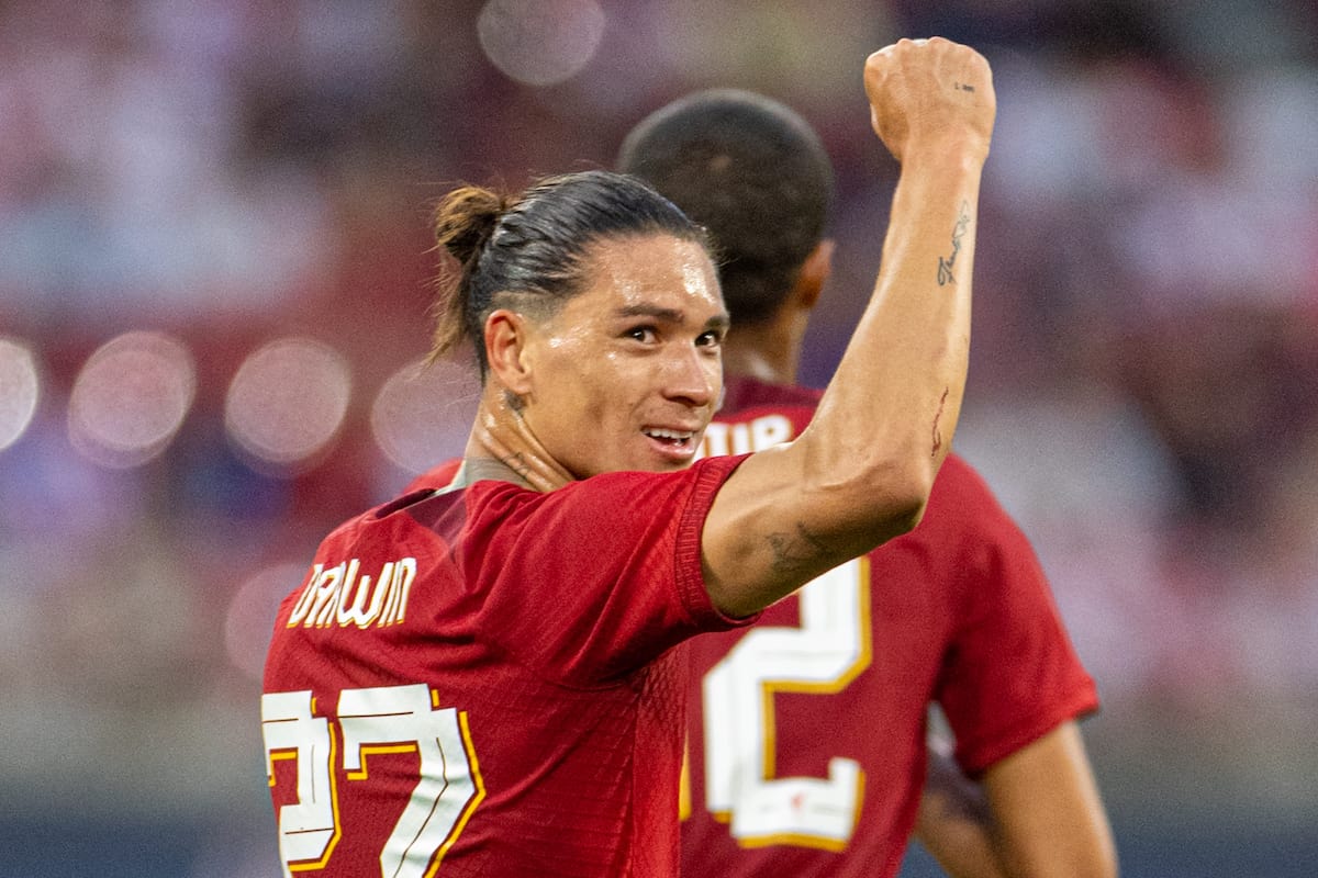 LEIPZIG, GERMANY - Thursday, July 21, 2022: Liverpool's Darwin Núñez celebrates after scoring the fifth goal, his fourth of the game, during a pre-season friendly match between RB Leipzig and Liverpool FC at the Red Bull Arena. Liverpool won 5-0. (Pic by David Rawcliffe/Propaganda)