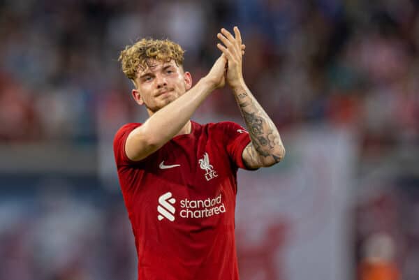 LEIPZIG, GERMANY - Thursday, July 21, 2022: Liverpool's Harvey Elliott applauds the supporters after a pre-season friendly match between RB Leipzig and Liverpool FC at the Red Bull Arena. Liverpool won 5-0. (Pic by David Rawcliffe/Propaganda)