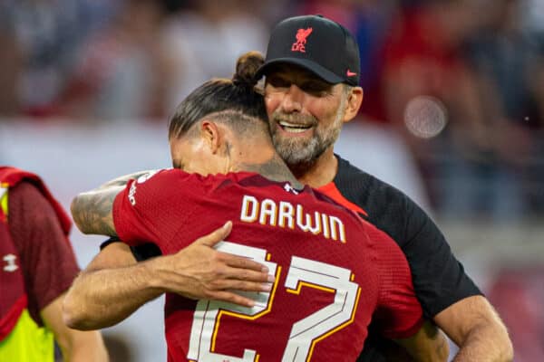 LEIPZIG, GERMANY - Thursday, July 21, 2022: Liverpool's manager Jürgen Klopp embraces Darwin Núñez, who scored four goals, after a pre-season friendly match between RB Leipzig and Liverpool FC at the Red Bull Arena. Liverpool won 5-0. (Pic by David Rawcliffe/Propaganda)