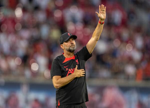 LEIPZIG, GERMANY - Thursday, July 21, 2022: Liverpool's manager Jürgen Klopp waves to supporters after a pre-season friendly match between RB Leipzig and Liverpool FC at the Red Bull Arena. Liverpool won 5-0. (Pic by David Rawcliffe/Propaganda)