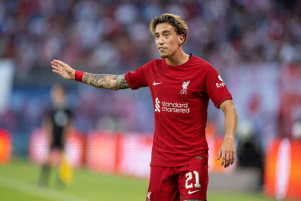 LEIPZIG, GERMANY - Thursday, July 21, 2022: Liverpool's Kostas Tsimikas during a pre-season friendly match between RB Leipzig and Liverpool FC at the Red Bull Arena. (Pic by David Rawcliffe/Propaganda)