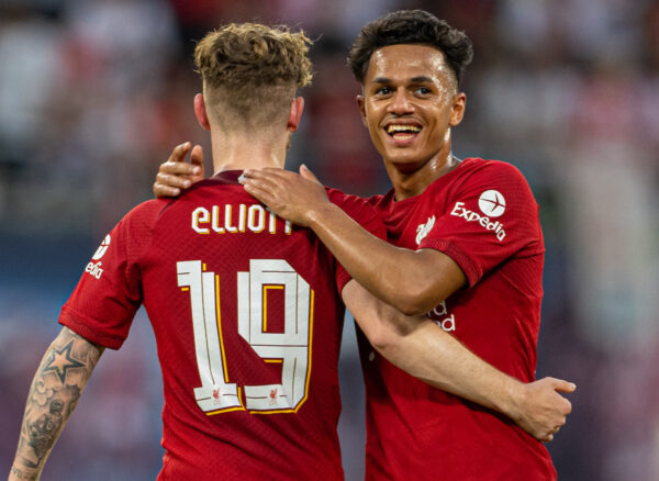 LEIPZIG, GERMANY - Thursday, July 21, 2022: Liverpool's Fábio Carvalho (R) celebrates with Harvey Elliott (L) after a pre-season friendly match between RB Leipzig and Liverpool FC at the Red Bull Arena. (Pic by David Rawcliffe/Propaganda)