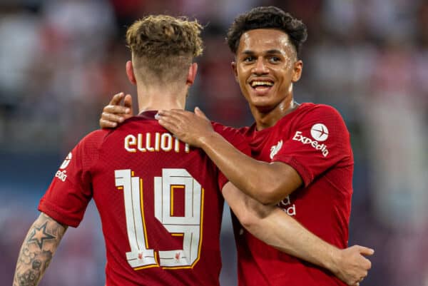 LEIPZIG, GERMANY - Thursday, July 21, 2022: Liverpool's Fábio Carvalho (R) celebrates with Harvey Elliott (L) after a pre-season friendly match between RB Leipzig and Liverpool FC at the Red Bull Arena. (Pic by David Rawcliffe/Propaganda)