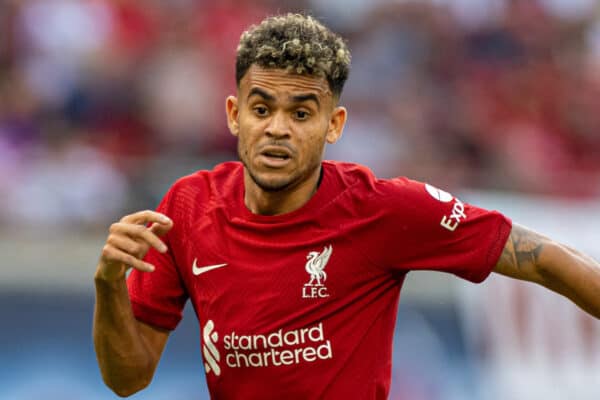 LEIPZIG, GERMANY - Thursday, July 21, 2022: Liverpool's Luis Díaz during a pre-season friendly match between RB Leipzig and Liverpool FC at the Red Bull Arena. (Pic by David Rawcliffe/Propaganda)