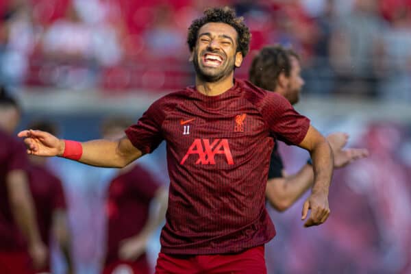 LEIPZIG, GERMANY - Thursday, July 21, 2022: Liverpool's Mohamed Salah during the pre-match warm-up before a pre-season friendly match between RB Leipzig and Liverpool FC at the Red Bull Arena. (Pic by David Rawcliffe/Propaganda)