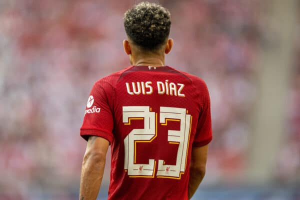 LEIPZIG, GERMANY - Thursday, July 21, 2022: Liverpool's number 23 Luis Díaz during a pre-season friendly match between RB Leipzig and Liverpool FC at the Red Bull Arena. (Pic by David Rawcliffe/Propaganda)