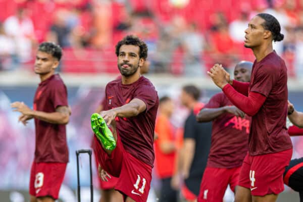 LEIPZIG, GERMANY - Thursday, July 21, 2022: Liverpool's Mohamed Salah during the pre-match warm-up before a pre-season friendly match between RB Leipzig and Liverpool FC at the Red Bull Arena. (Pic by David Rawcliffe/Propaganda)