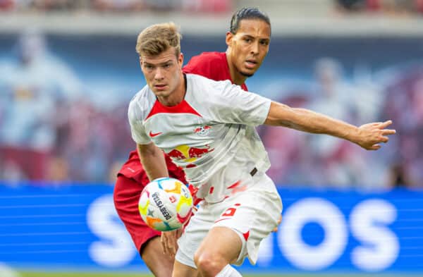 LEIPZIG, GERMANY - Thursday, July 21, 2022: RB Leipzig's Sanoussy Ba (L) and Liverpool's Virgil van Dijk during a pre-season friendly match between RB Leipzig and Liverpool FC at the Red Bull Arena. (Pic by David Rawcliffe/Propaganda)