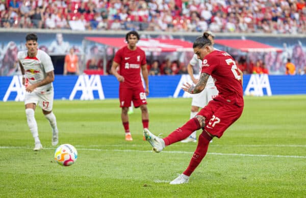 LEIPZIG, GERMANY - Thursday, July 21, 2022: Liverpool's Darwin Núñez scores the second goal from a penalty kick during a pre-season friendly match between RB Leipzig and Liverpool FC at the Red Bull Arena. (Pic by David Rawcliffe/Propaganda)