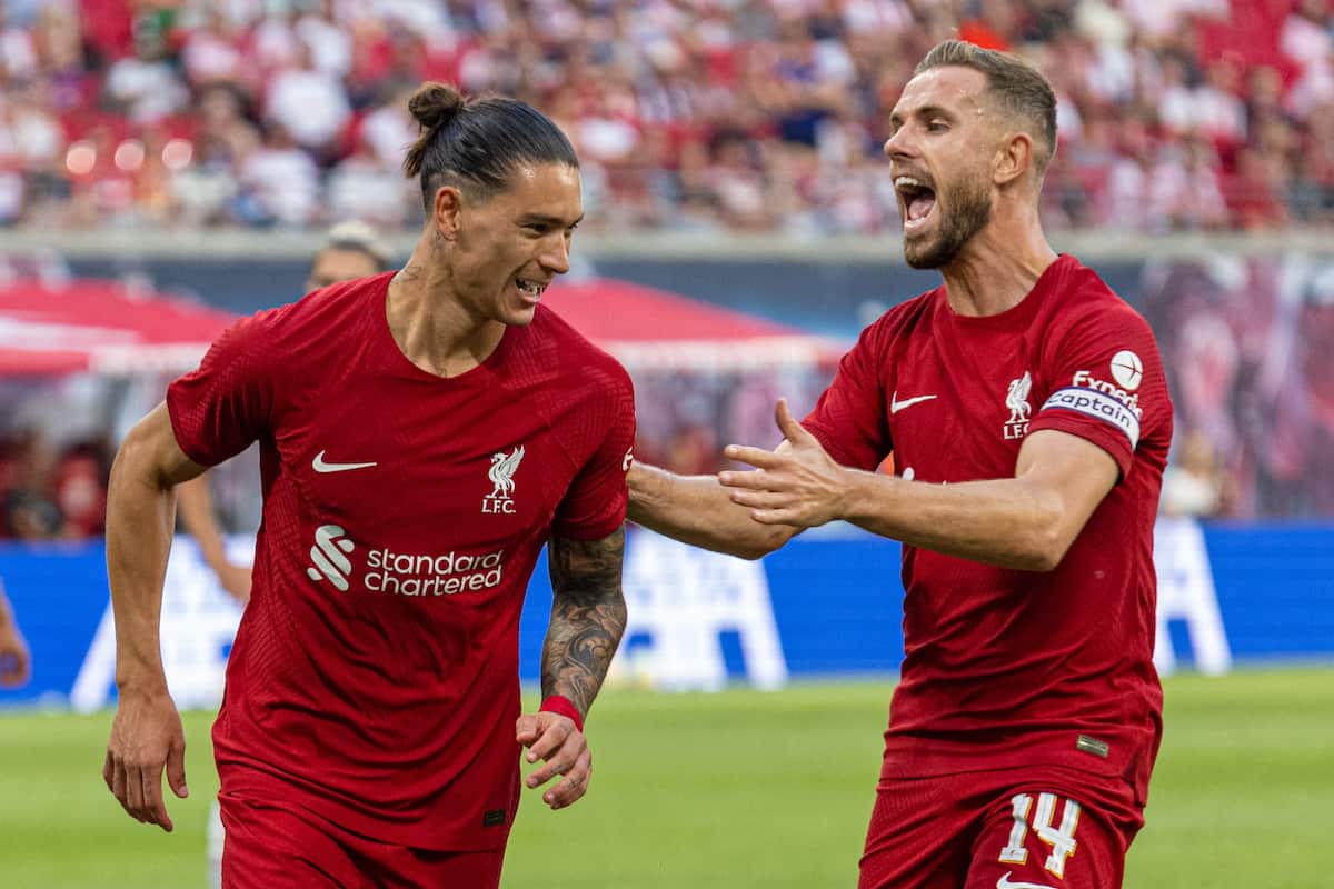 LEIPZIG, GERMANY - Thursday, July 21, 2022: Liverpool's Darwin Núñez celebrates with team-mate captain Jordan Henderson after scoring the second goal from a penalty kick during a pre-season friendly match between RB Leipzig and Liverpool FC at the Red Bull Arena. (Pic by David Rawcliffe/Propaganda)