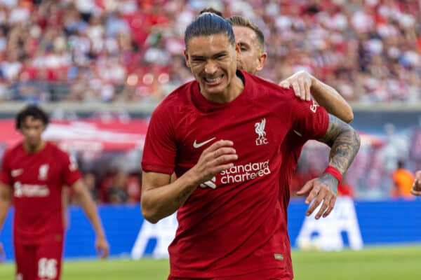 LEIPZIG, GERMANY - Thursday, July 21, 2022: Liverpool's Darwin Núñez (L) celebrates with team-mate captain Jordan Henderson after scoring the second goal from a penalty kick during a pre-season friendly match between RB Leipzig and Liverpool FC at the Red Bull Arena. (Pic by David Rawcliffe/Propaganda)