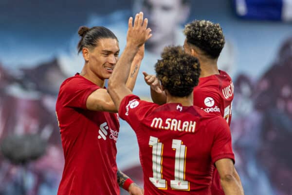 LEIPZIG, GERMANY - Thursday, July 21, 2022: Liverpool's Darwin Núñez (L) celebrates with team-mates after scoring the third goal during a pre-season friendly match between RB Leipzig and Liverpool FC at the Red Bull Arena. (Pic by David Rawcliffe/Propaganda)