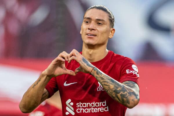 LEIPZIG, GERMANY - Thursday, July 21, 2022: Liverpool's Darwin Núñez celebrates after scoring the fourth goal, completing his hat-trick, during a pre-season friendly match between RB Leipzig and Liverpool FC at the Red Bull Arena. (Pic by David Rawcliffe/Propaganda)