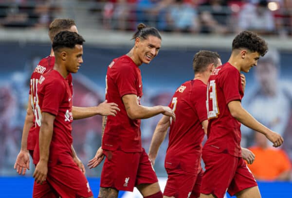 LEIPZIG, GERMANY - Thursday, July 21, 2022: Liverpool's Darwin Núñez celebrates after scoring the fourth goal, completing his hat-trick, during a pre-season friendly match between RB Leipzig and Liverpool FC at the Red Bull Arena. (Pic by David Rawcliffe/Propaganda)