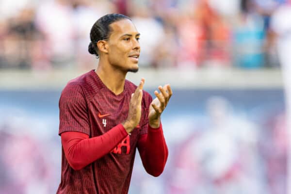 LEIPZIG, GERMANY - Thursday, July 21, 2022: Liverpool's Virgil van Dijk during the pre-match warm-up before a pre-season friendly match between RB Leipzig and Liverpool FC at the Red Bull Arena. (Pic by David Rawcliffe/Propaganda)