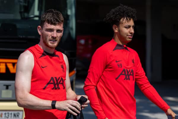 SAALFELDEN, AUSTRIA - Sunday, July 24, 2022: Liverpool's Andy Robertson (L) and Kaide Gordon arrive before a training session during the club's pre-season training camp in Austria. (Pic by David Rawcliffe/Propaganda)