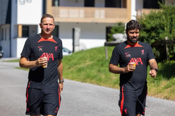 SAALFELDEN, AUSTRIA - Monday, July 25, 2022: Liverpool's first-team development coach Pepijn Lijnders (L) and elite development coach Vitor Matos arriving before a training session at during the club's pre-season training camp in Austria. (Pic by David Rawcliffe/Propaganda)