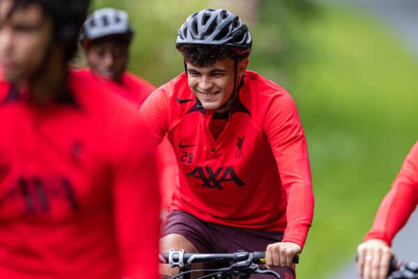 SAALFELDEN, AUSTRIA - Tuesday, July 26, 2022: Liverpool's Stefan Bajcetic arrives on a bicycle before a training session at during the club's pre-season training camp in Austria. (Pic by David Rawcliffe/Propaganda)