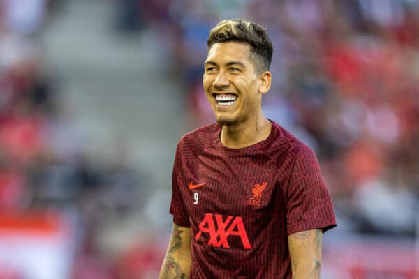 SALZBURG, AUSTRIA - Wednesday, July 27, 2022: Liverpool's Roberto Firmino during the pre-match warm-up before a pre-season friendly between FC Red Bull Salzburg and Liverpool FC at the Red Bull Arena. (Pic by David Rawcliffe/Propaganda)