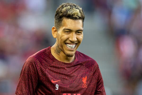 SALZBURG, AUSTRIA - Wednesday, July 27, 2022: Liverpool's Roberto Firmino during the pre-match warm-up before a pre-season friendly between FC Red Bull Salzburg and Liverpool FC at the Red Bull Arena. (Pic by David Rawcliffe/Propaganda)